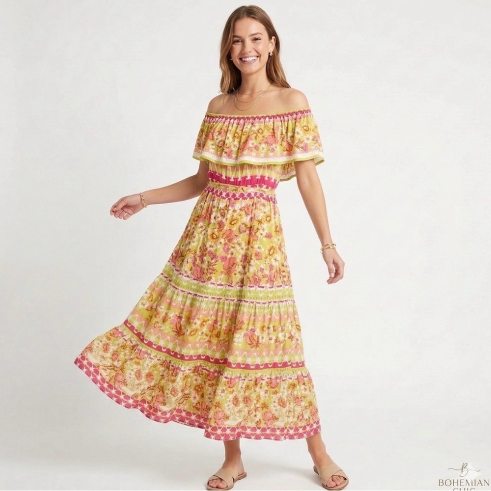 Flying Tomato Off Shoulder Boho Maxi Dress Floral Lime Pink Small Smocked
